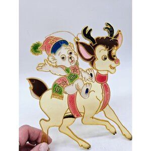 Vintage Christmas Teddy Bear And Rudolph The Red Nosed Reindeer Suncatcher Vtg.